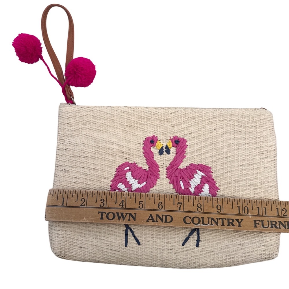Flamingo Embroidered Woven Straw Wristlet Clutch Bag Beige Pink Pom Poms Summer - Picture 2 of 3